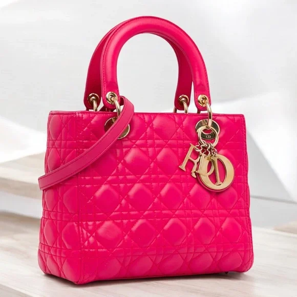 π₯ Christian Dior Lady Dior Pink Supple Quilted Lambskin Large Bag EUC! - Picture 10 of 16